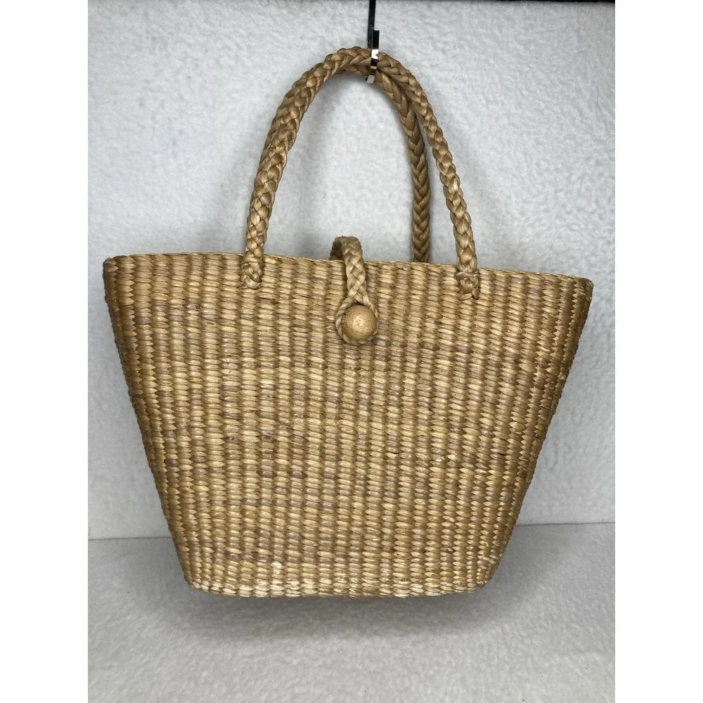 Vintage Handwoven Straw Wicker Purse Market Tote Bag Wooden Rattan Boho Beach